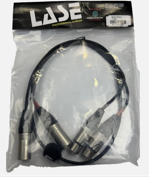 LASE 3 Ft Dual Mike Cable W/ NEUTRIK NC3MXX 3-Pin XLR Male to NC3FXXX Female