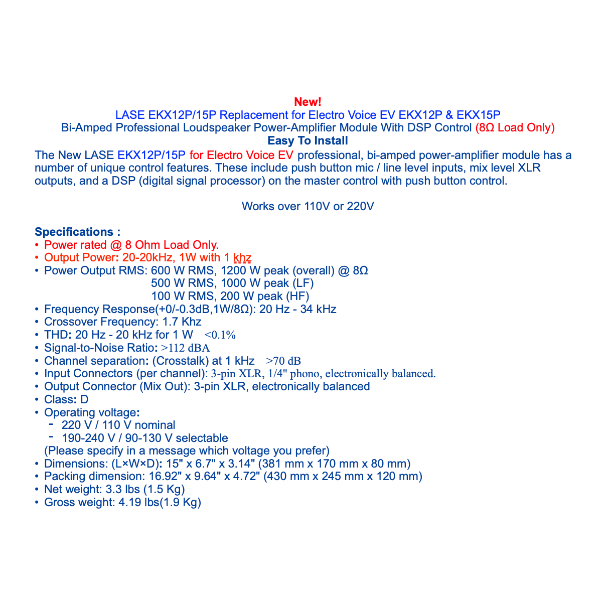 LASE Replacement EV ElectroVoice Amplifier Modules