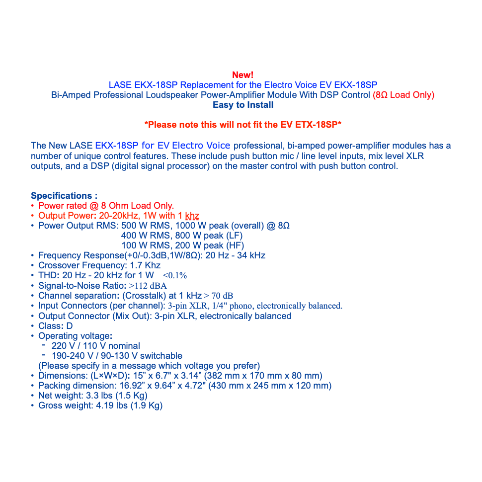 LASE Replacement EV ElectroVoice Amplifier Modules